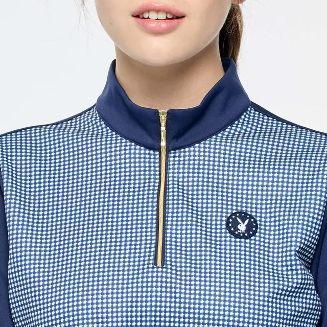 【PLAYBOY GOLF】女款千鳥格高爾夫長袖立領上衣-深藍(環保素材/高爾夫球衫/KA25230-58)