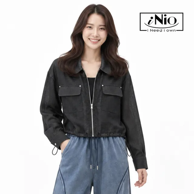 【iNio 衣著美學】翻領拉鍊輕薄短版外套 女落肩長袖外套 對稱掀蓋口袋下襬抽繩襯衫式外套  CHW4507