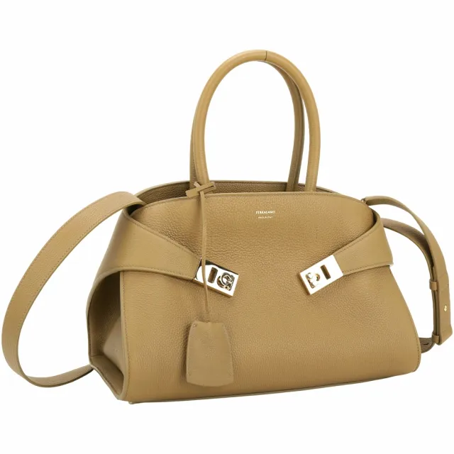 【Salvatore Ferragamo】HUG 中款 馬蹄金釦帶卵石紋牛皮手提/斜背托特包(棕色 兩用包 義大利百年精品)