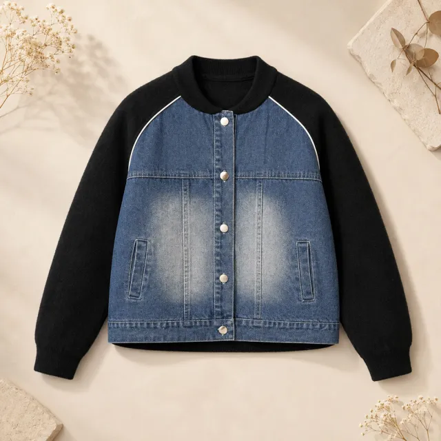 【MON’S】牛仔配色針織袖外套(直)