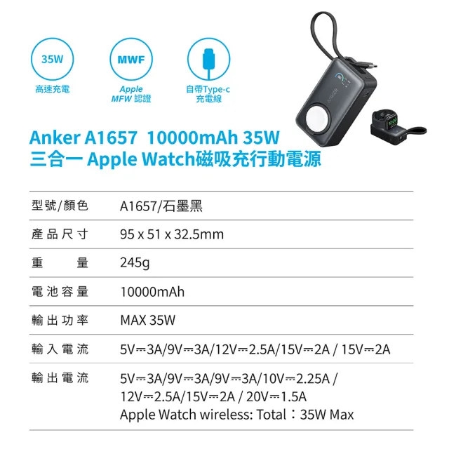 【Anker】授權直營 A1657 行動電源 for Apple Watch 10000mAh 35W 黑/白(Wh標示/自帶線/可充Airpods)