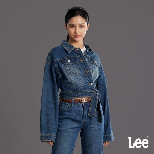 【Lee】女裝 牛仔外套 / 短版 斜門襟 綁帶 深藍洗水 季節性版型 / LB614015974