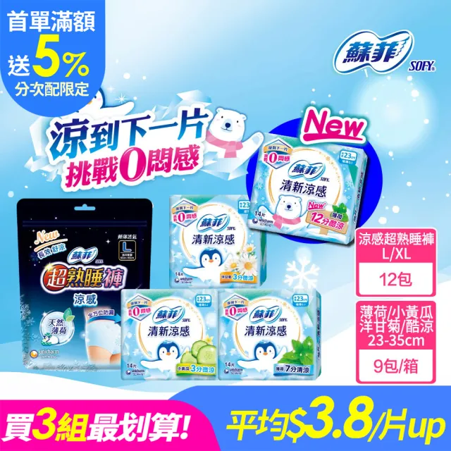 分次配【Sofy 蘇菲】清新涼感薄荷/小黃瓜/洋甘菊 衛生棉箱購