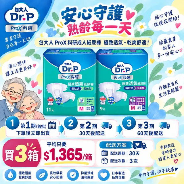 分次配【Dr.P ProX 科研】極致透氣長效/夜用型成人紙尿褲M/L-XL(6包/箱購 黏貼型)/包大人科研