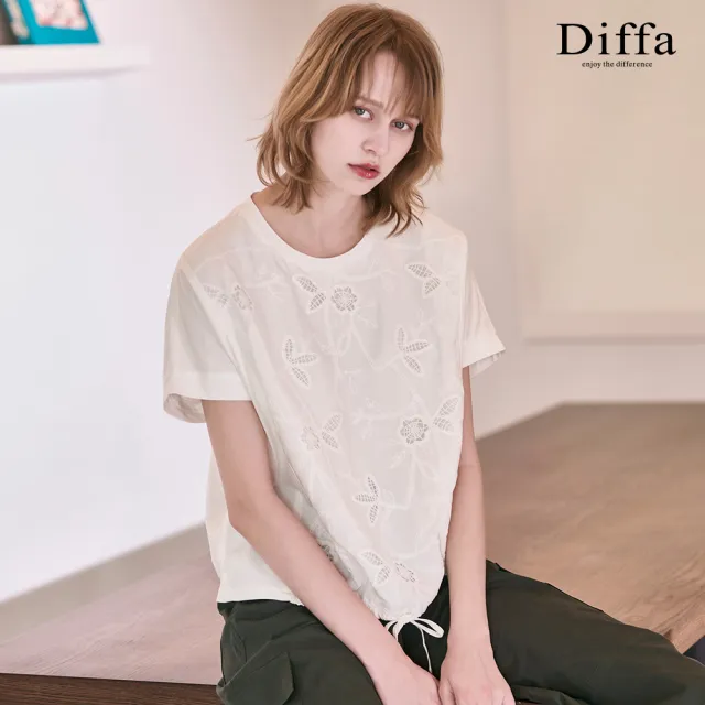 【Diffa】連袖綁帶異素材拼接涼感針織衫-女