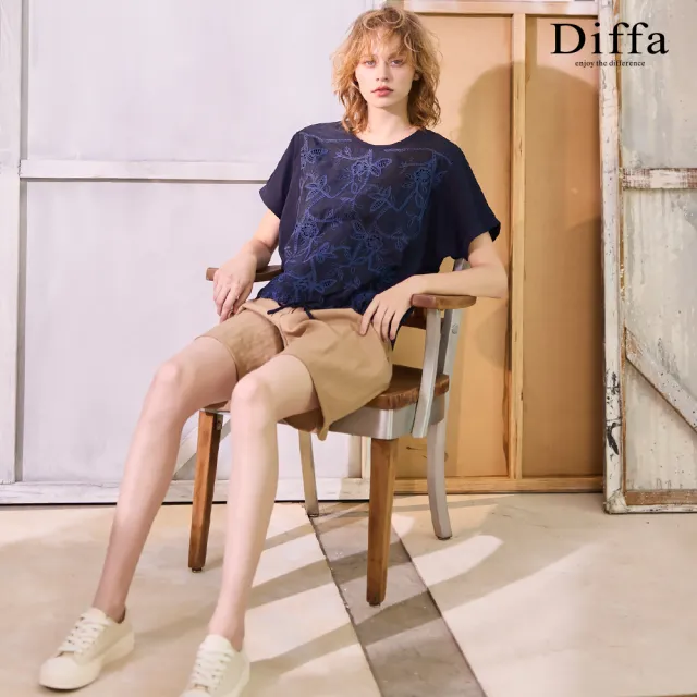 【Diffa】後腰鬆緊打褶短寬褲-女
