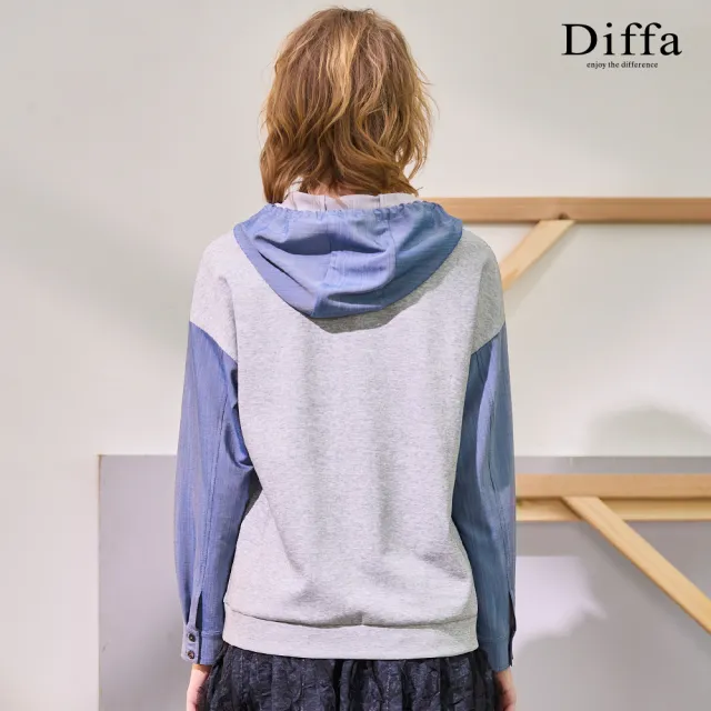 【Diffa】異素材拼接連帽落肩針織衫-女