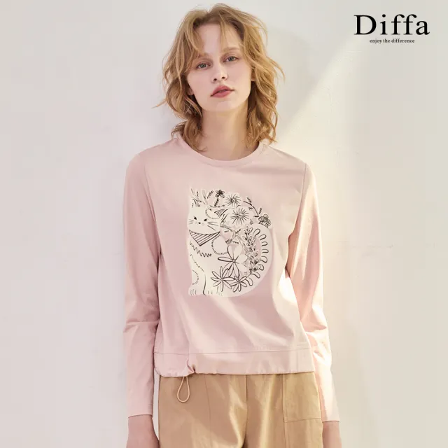 【Diffa】貓咪印花抽繩速乾針織衫-女