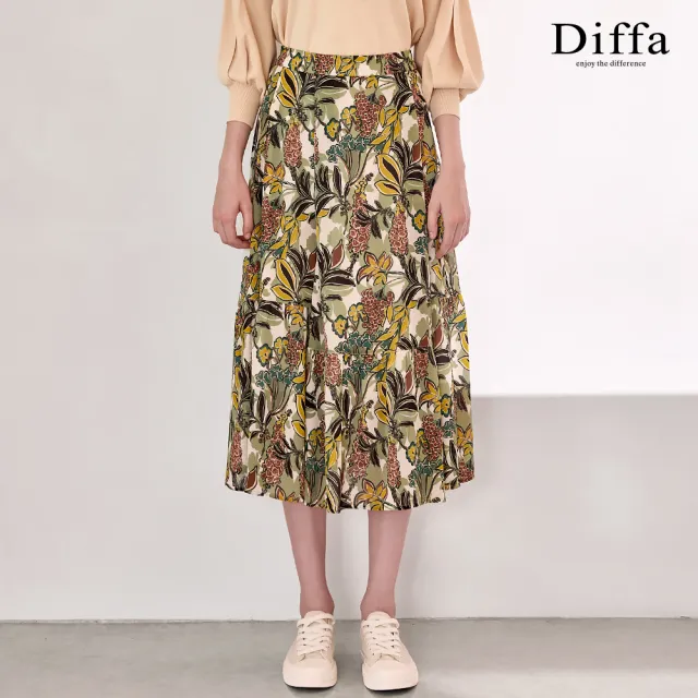 【Diffa】氣質綠花鬆緊腰長寬裙-女