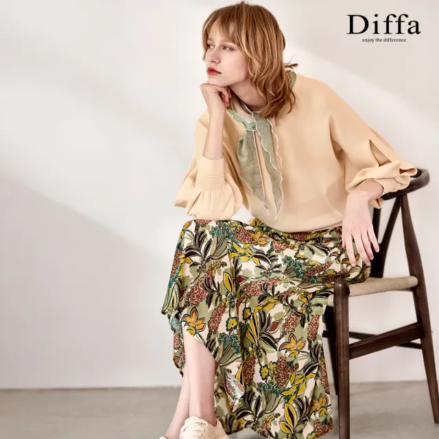 【Diffa】氣質綠花鬆緊腰長寬裙-女