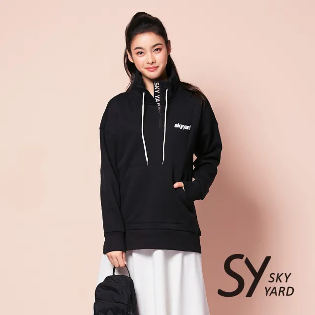 【SKY YARD】拉鍊立領刷毛長袖衛衣帽T-黑色