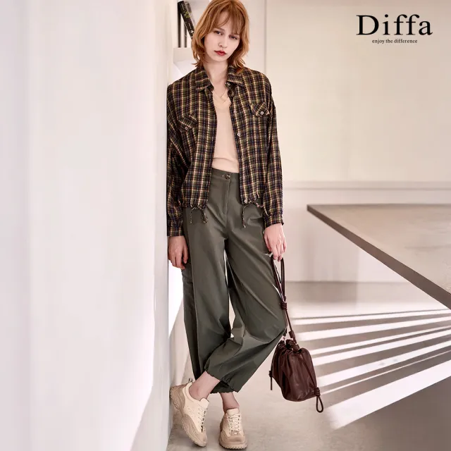 【Diffa】綠格織紋落肩綁帶上衣-女