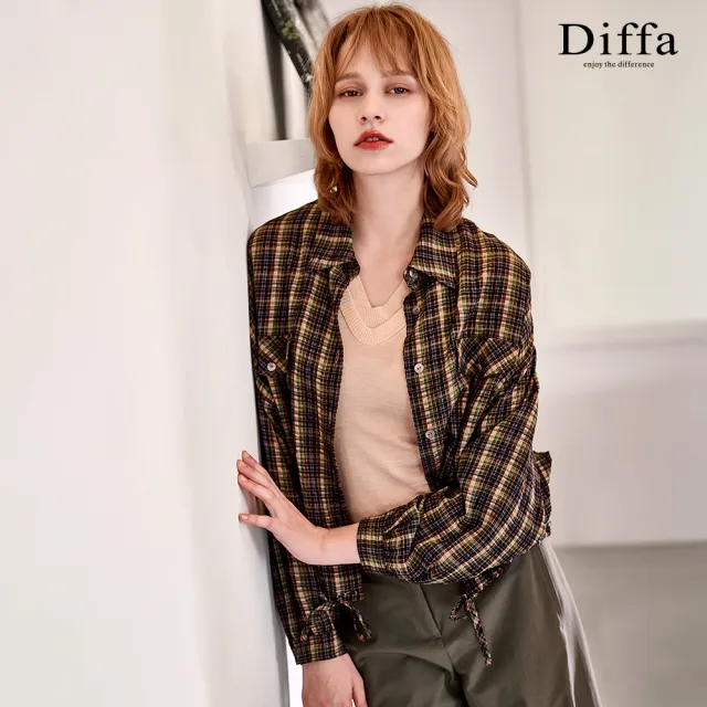 【Diffa】綠格織紋落肩綁帶上衣-女