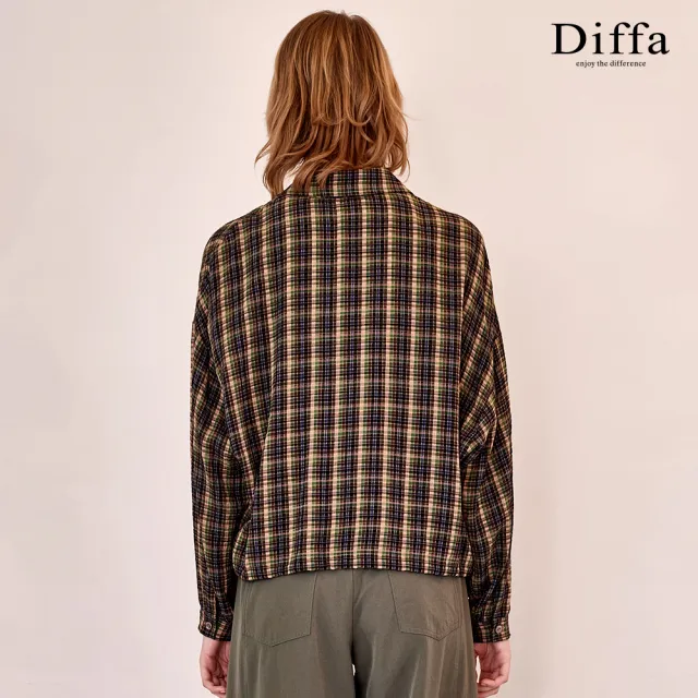 【Diffa】綠格織紋落肩綁帶上衣-女