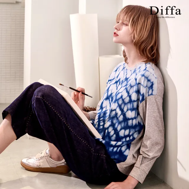 【Diffa】藍染異素材拼接落肩針織衫-女