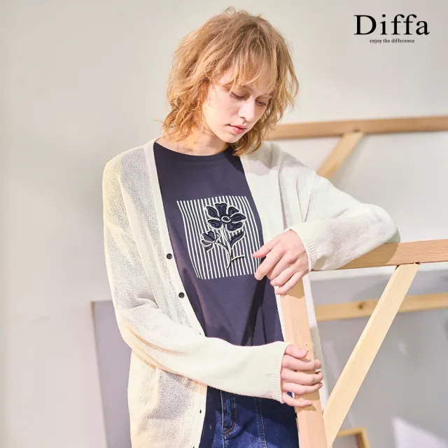 【Diffa】立體小花印條七分袖針織衫-女