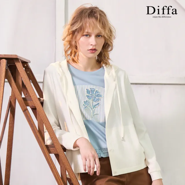 【Diffa】立體小花印條七分袖針織衫-女