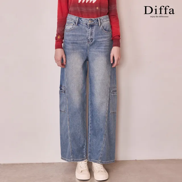 【Diffa】刷色貼袋工裝牛仔長褲-女(丹寧)