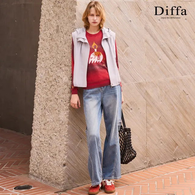 【Diffa】刷色貼袋工裝牛仔長褲-女(丹寧)