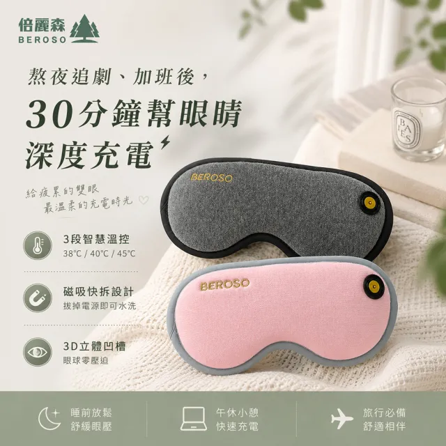 【Beroso 倍麗森】磁扣式三段溫控定時熱敷眼罩A00029( 睡眠眼罩 蒸氣眼罩 禮物 雙11)
