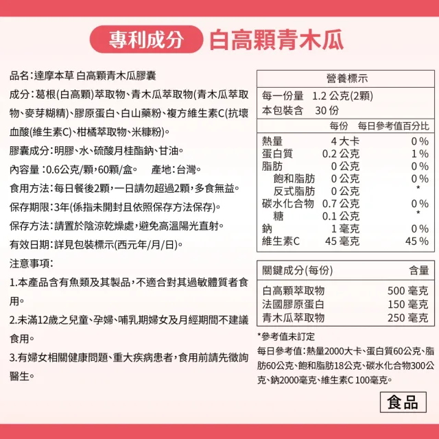 【達摩本草】白高顆+青木瓜膠囊1入組(60顆/盒)
