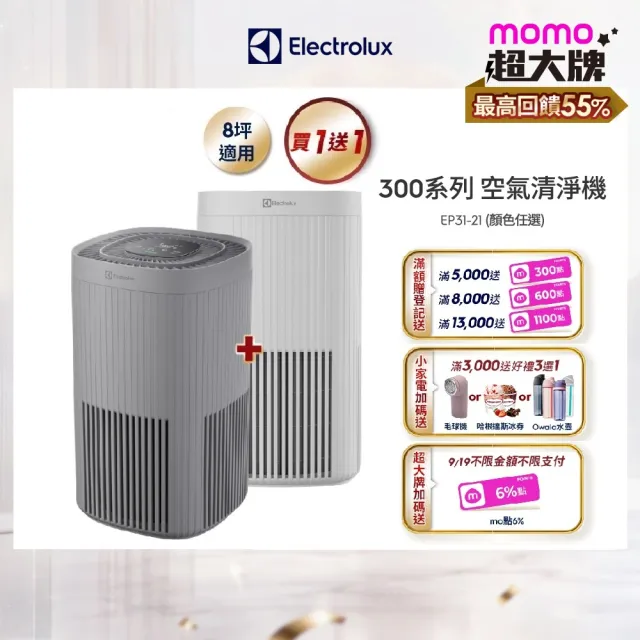 買一送一【Electrolux 伊萊克斯】300系列強效空氣清淨機-EP31-21UGA/SWA(兩色任選)