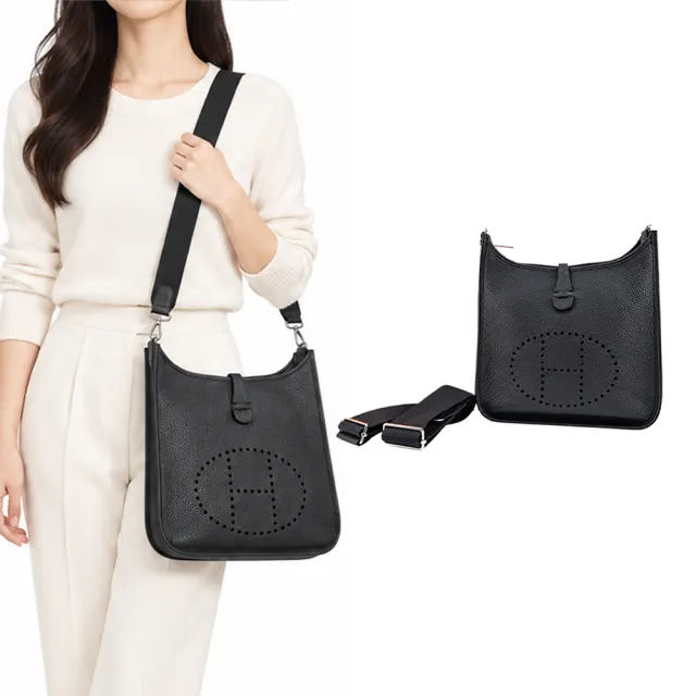 【Hermes 愛馬仕】Evelyne 29cm G刻 T/C H LOGO大牛皮編織款背帶斜/肩背包(H0霧霾深灰/銀釦)