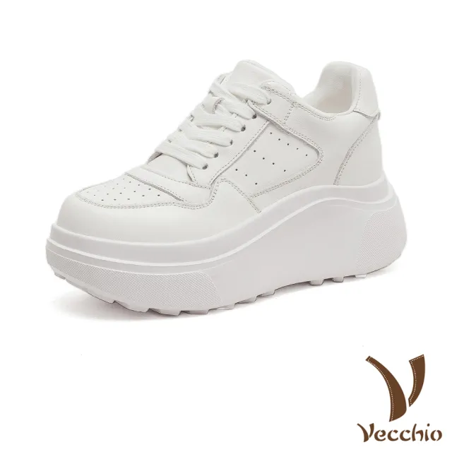 【Vecchio】真皮休閒鞋 厚底休閒鞋/全真皮頭層牛皮時尚拼接鬆糕厚底內增高休閒運動鞋(米)