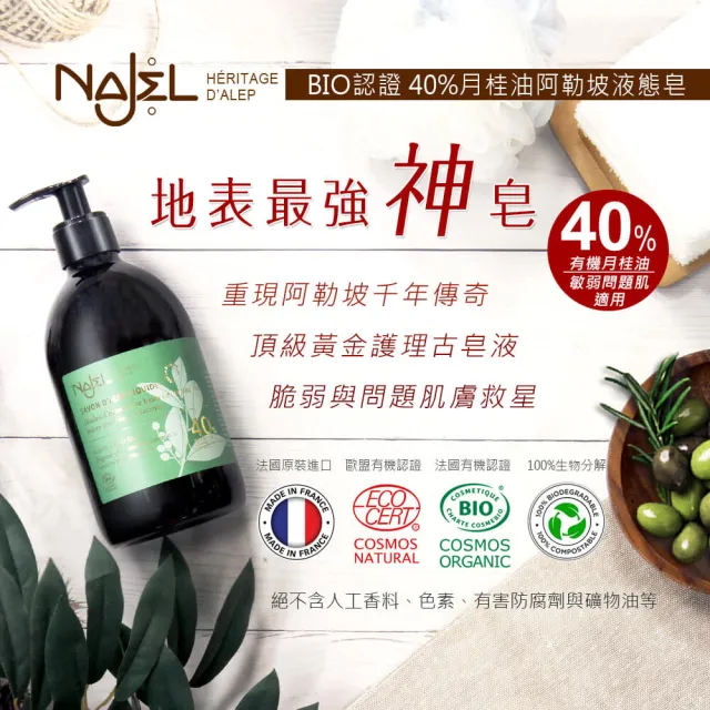 【NAJEL】BIO認證40%月桂油阿勒坡沐浴液態皂500mlX2入(總代理公司貨)