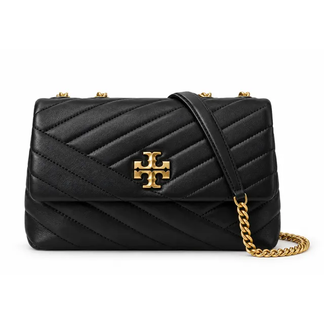 【TORY BURCH】KIRA 雙T金字LOGO鍊斜紋衍縫翻蓋兩用包(小/黑)