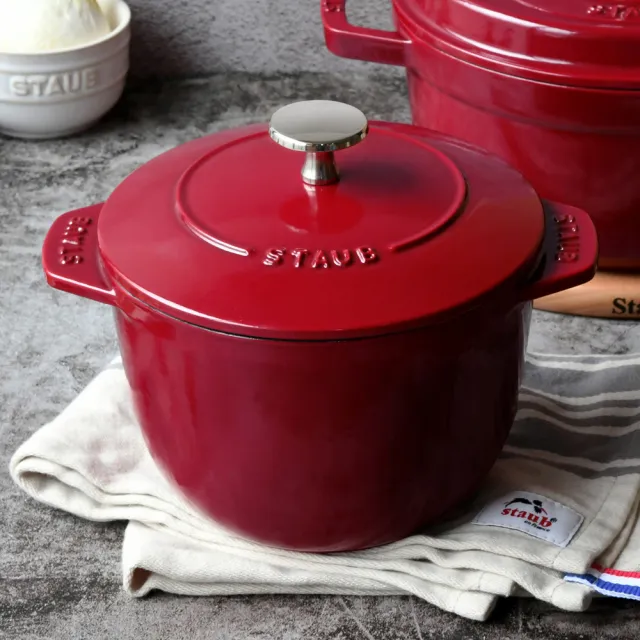 【STAUB】波爾多紅琺瑯鑄鐵飯鍋16cm+烤盅10cm+飯匙(德國雙人牌集團官方直營)