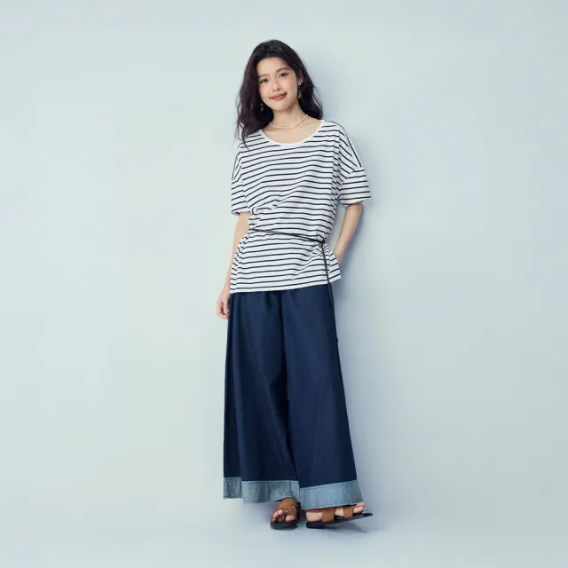 【GIORDANO 佐丹奴】女裝純棉寬鬆落肩條紋短袖T恤(多色任選)