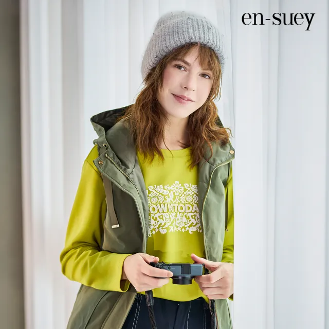 【en-suey 銀穗】複合式工藝印花圓領棉T上衣-女