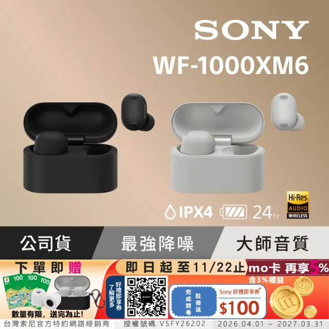 【SONY 索尼】WF-1000XM6 旗艦真無線藍牙耳機 (公司貨 保固12+6個月)