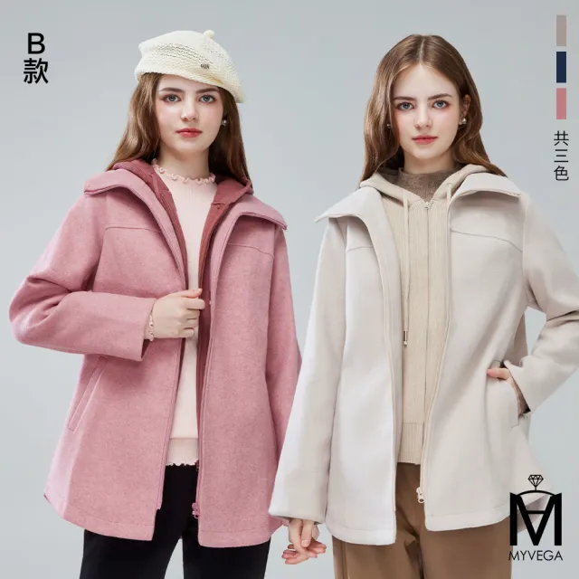 【MYVEGA 麥雪爾】MA保暖毛呢幸運草/假兩件針織連帽外套-二款任選(日系/連帽外套/針織外套/保暖外套/大衣)