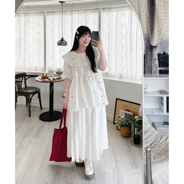 【Want-Meow】90公斤可穿/甜到心坎！日系愛心刺繡大翻領襯衫疊加上衣短袖T(大碼上衣/大碼/大尺碼/短袖上衣)