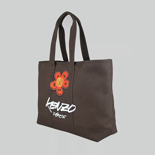 【KENZO】KENZO x Futura 2000 印花LOGO純棉帆布海棠花設計鉤扣式手提/肩背托特包(大/巧克力)