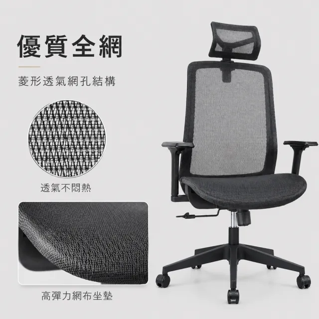 【C-FLY】洛斯高背全網人體工學電腦椅｜可調頭枕｜升降扶手｜逍遙後仰｜全網透氣（辦公椅/主管椅/電腦椅）