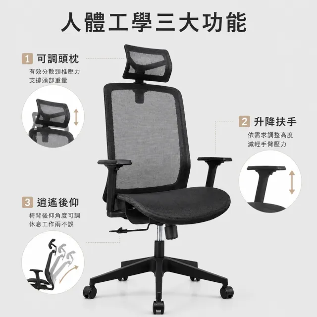 【C-FLY】洛斯高背全網人體工學電腦椅｜可調頭枕｜升降扶手｜逍遙後仰｜全網透氣（辦公椅/主管椅/電腦椅）