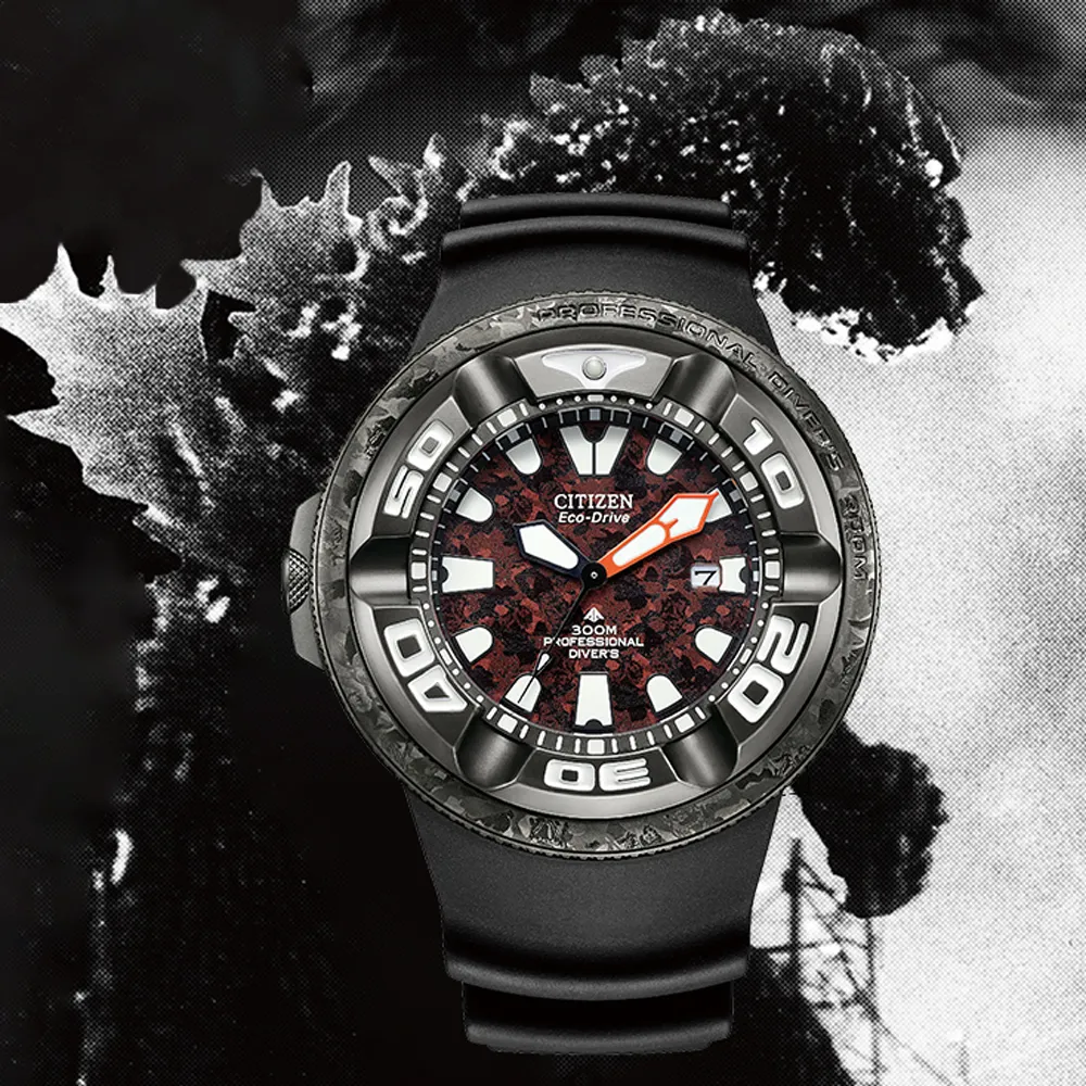 【CITIZEN 星辰】Promaster 限量哥吉拉紅蓮聯名款光動能300米潛水錶-紅x黑/48.2mm情人節 禮物(BJ8059-03Z)