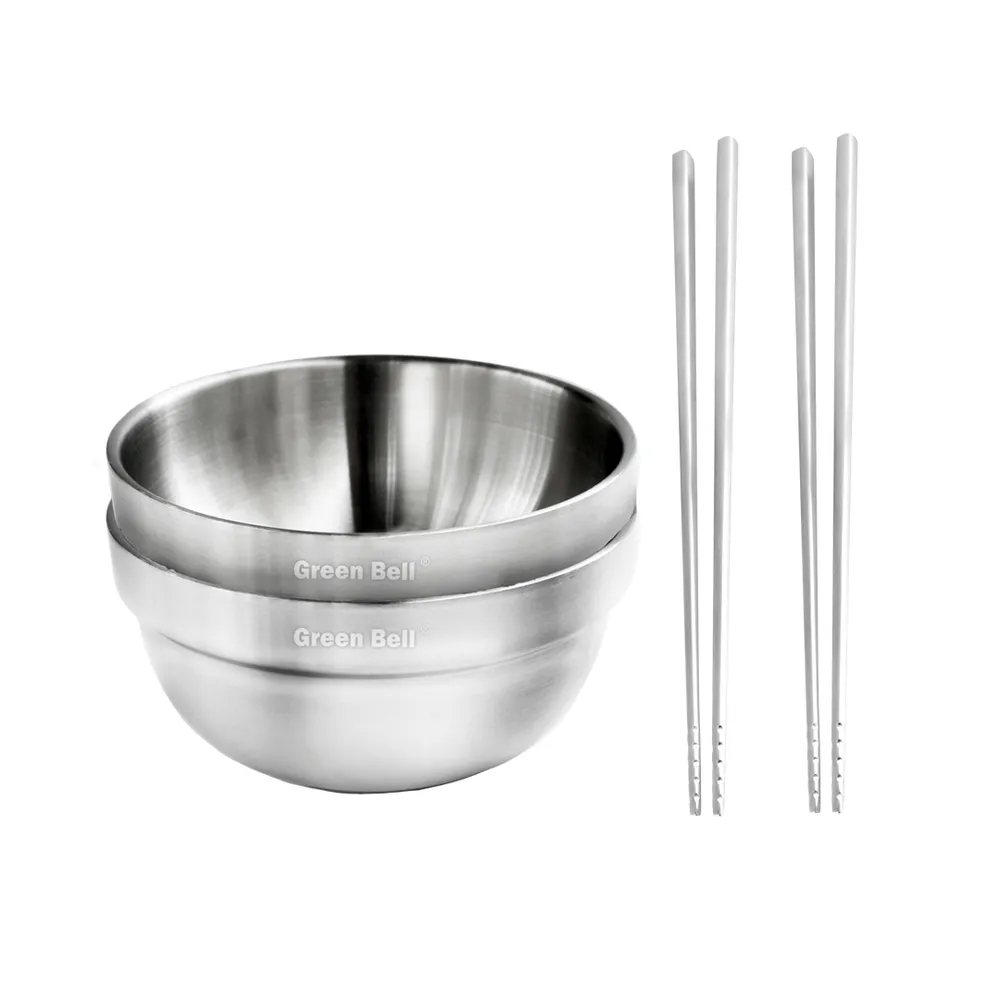 【GREEN BELL 綠貝】316不鏽鋼雙層隔熱碗筷4件組-13.5cm白金碗2入+316防滑筷2雙(防燙 耐酸 環保 SGS)