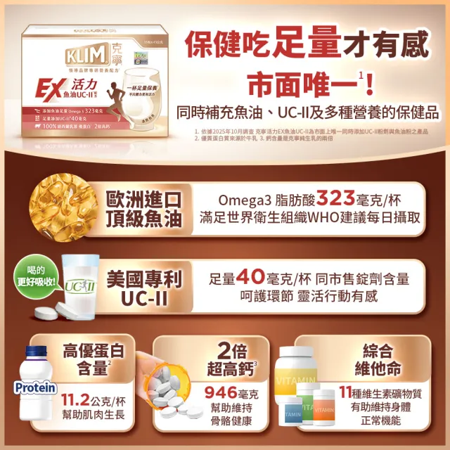 即期品【KLIM 克寧】活力EX魚油UC-II配方奶粉 15入x2盒(43g/入)(高鈣/乳清蛋白/膠原蛋白/免運)
