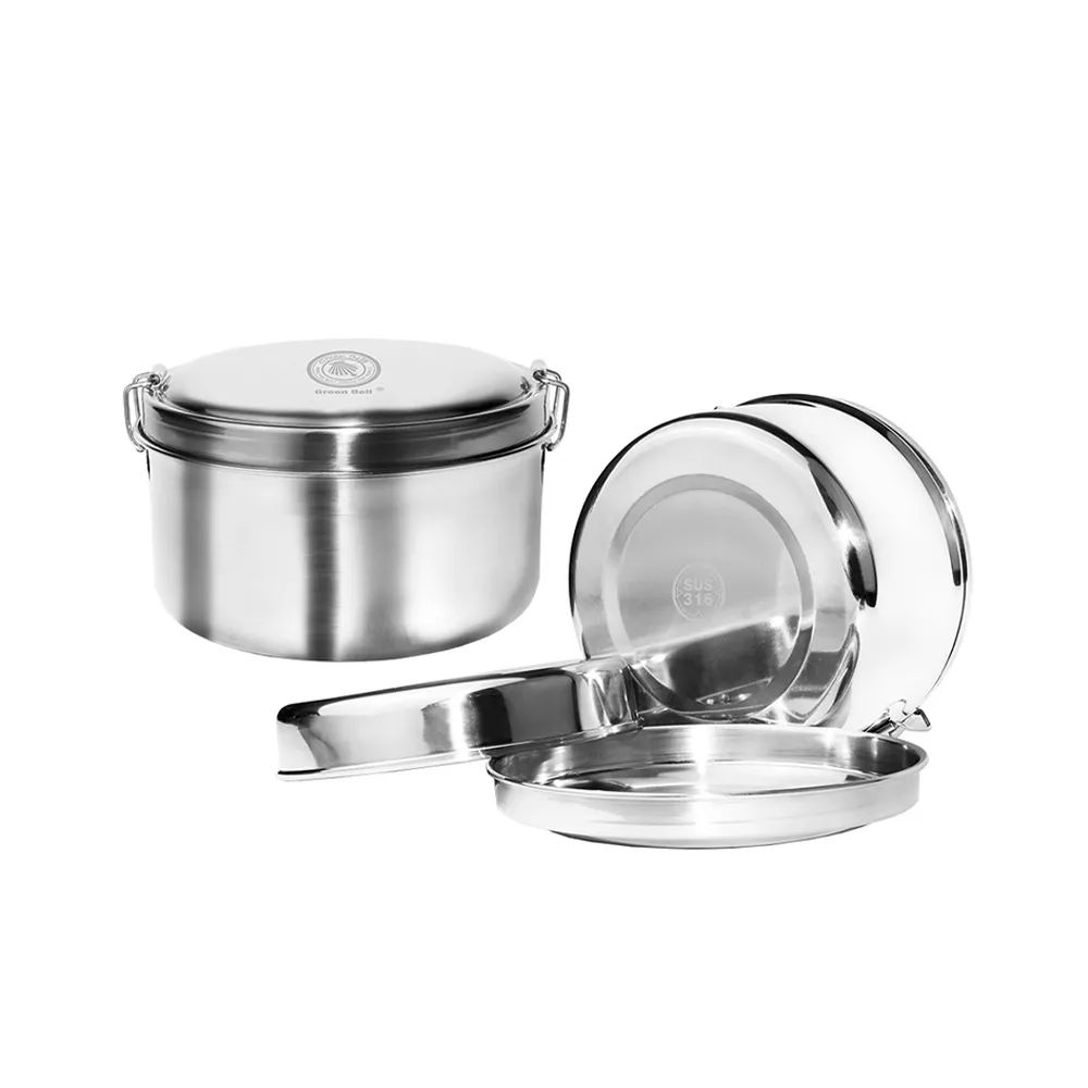 【GREEN BELL 綠貝】316不鏽鋼12cm雙層圓形便當盒2入組(分層 防漏 保溫 易清洗 SGS)