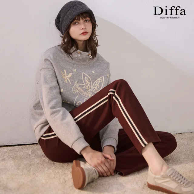 【Diffa】撞色織帶鬆緊腰抽繩長褲-女