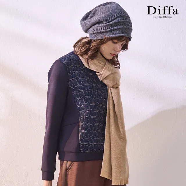 【Diffa】幾何織紋異素材拼接針織衫-女