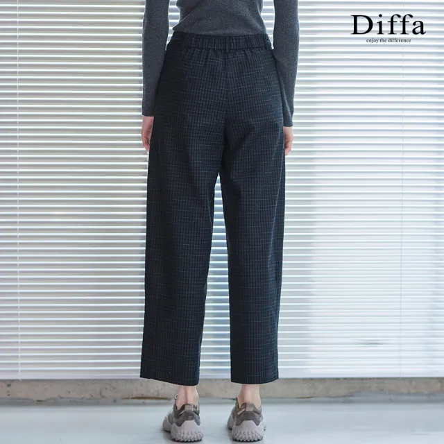 【Diffa】黑格織紋褲口車褶長褲-女