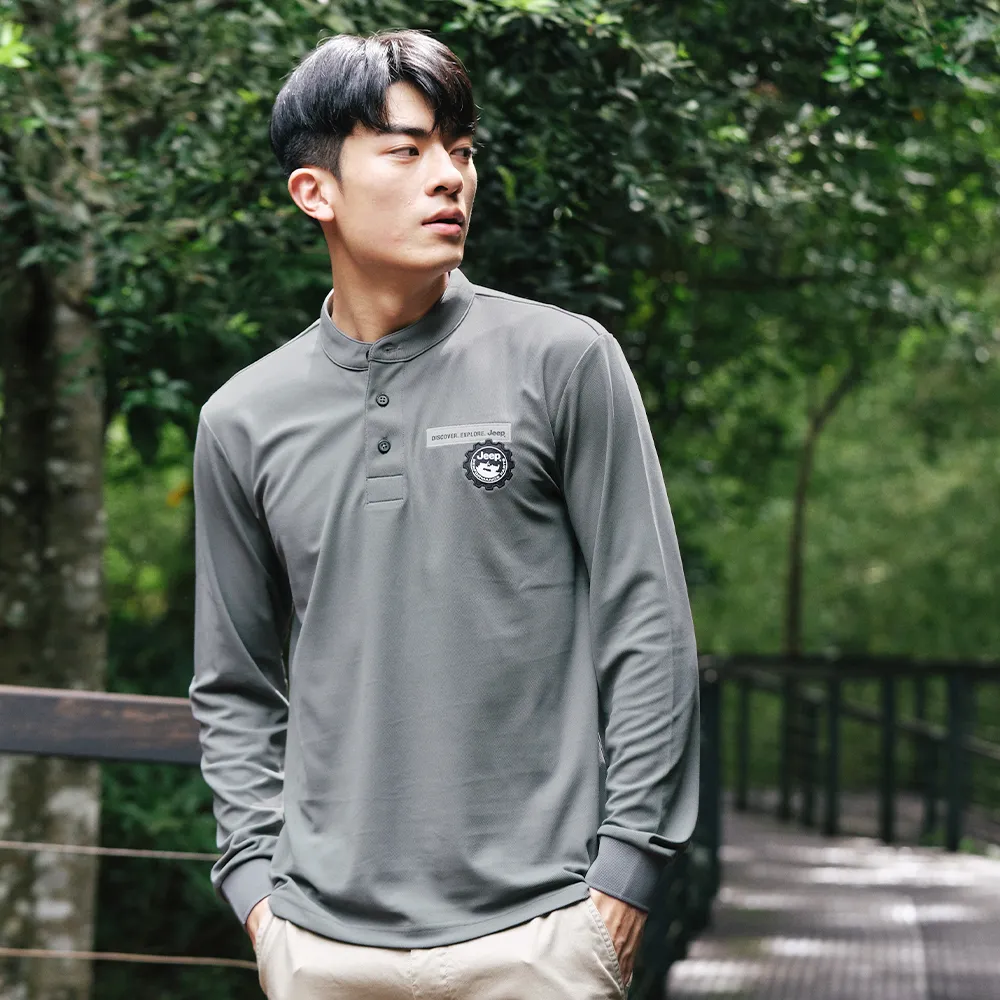 【JEEP】男裝 亨利領素色長袖POLO衫(灰色)