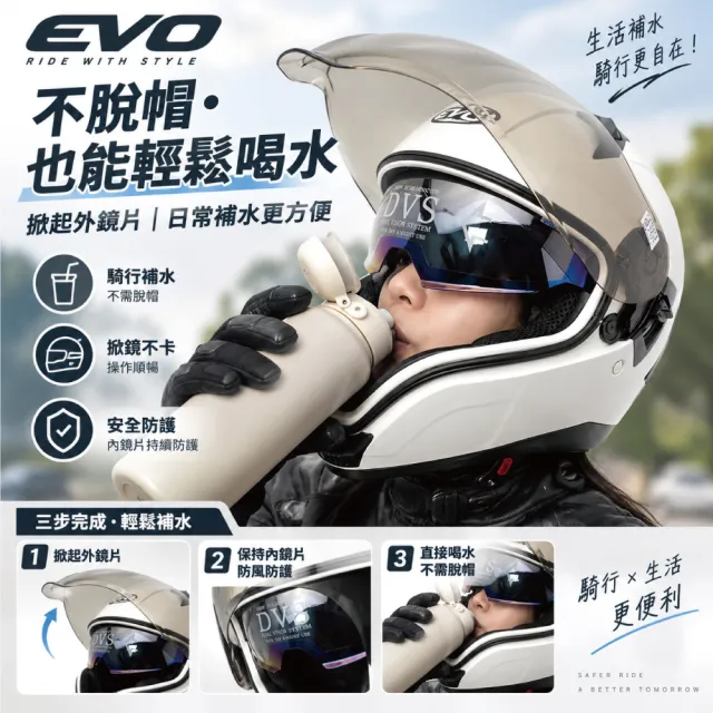 【EVO】全臉雙鏡全罩安全帽 不脫帽可喝水款｜內墨鏡｜ABS帽殼｜可拆洗內襯｜金屬齒排扣｜多色可選