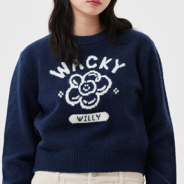 【Wacky WiLLY】官方旗艦館 女款Big LILY圖案針織毛衣(WMS針織衫 深海軍藍/淺灰/粉紅色)