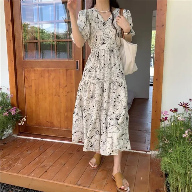 【AKARA】中大尺碼 女裝 法式復古新款V領碎花長裙洋裝 #dress #akara #style